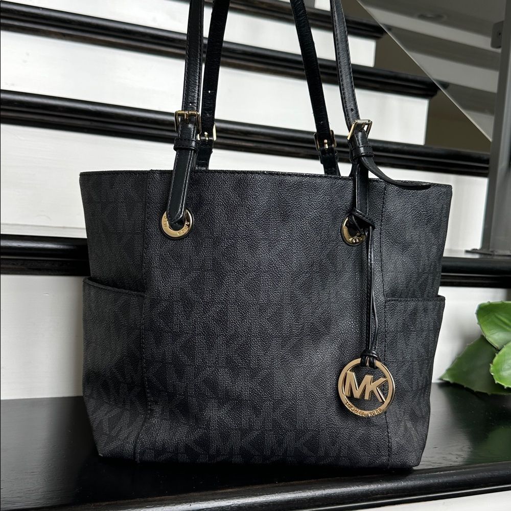 Michael Kors Black Signature Tote with Gold Hardware
